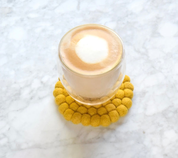 Felt Ball Cup Coasters - Mustard Yellow Bundle of 6