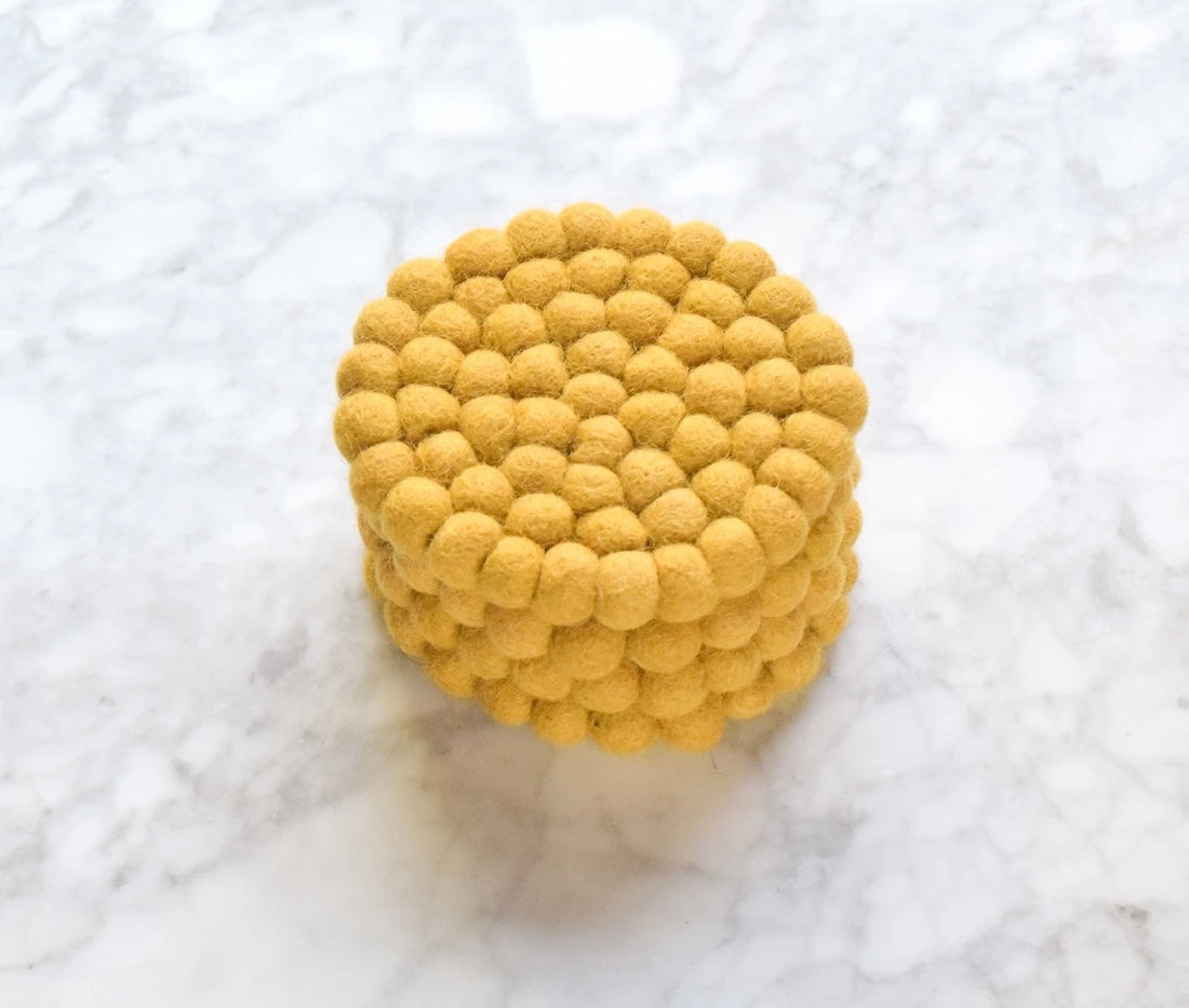 Felt Ball Cup Coasters - Mustard Yellow Bundle of 4